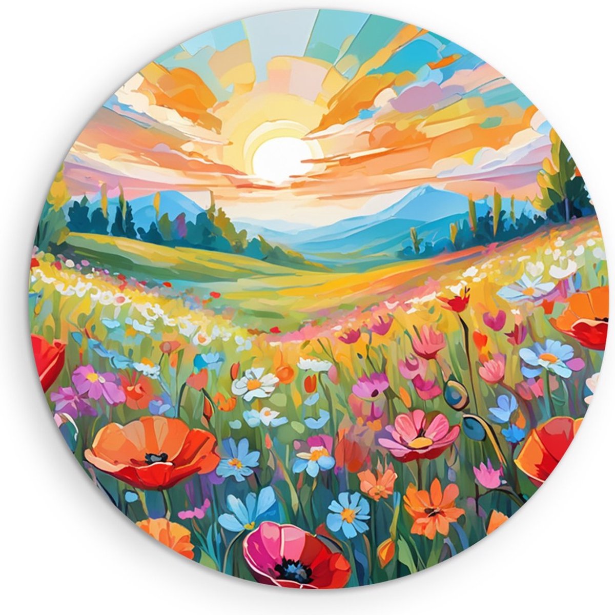 Saammp Forex Muurcirkel - Bloemenveld met zonsondergang - Natuur - Landschap - Ø 50 - Wandcirkel - Wanddecoratie Cirkel - Muurdecoratie Woonkamer - Slaapkamer decoratie - Rond Schilderij