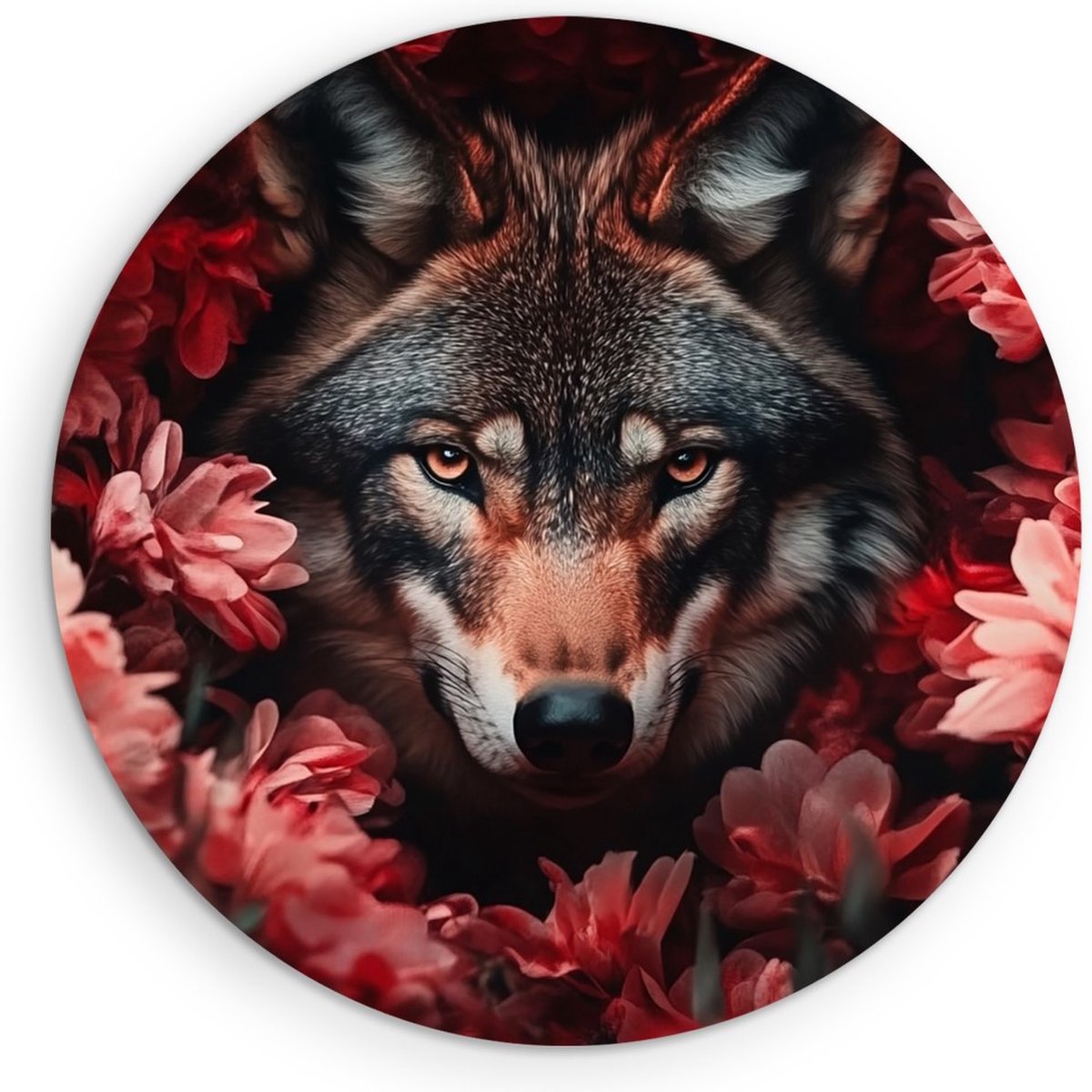 Saammp Forex Muurcirkel - Wolf tussen de rode bloemen - Abstract - Dieren - Natuur - Ø 30 - Wandcirkel - Wanddecoratie Cirkel - muurdecoratie Woonkamer - Slaapkamer decoratie - Rond Schilderij