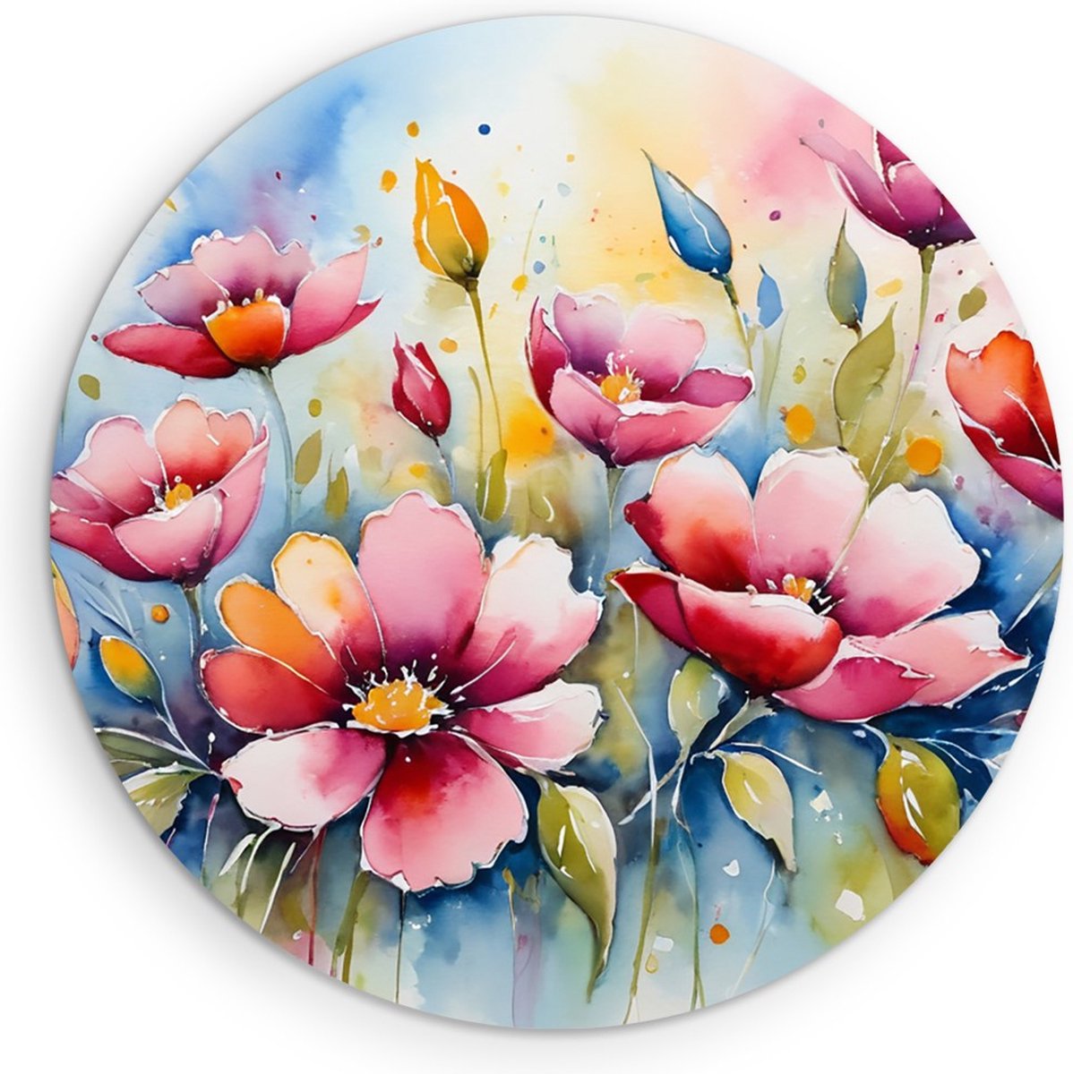 Saammp Muurcirkel Hout - Roze Bloemen - Abstract - Kleurijk - Ø 40 - Wandcirkel - Wanddecoratie Cirkel - Muurdecoratie Woonkamer - Kantoor Decoratie