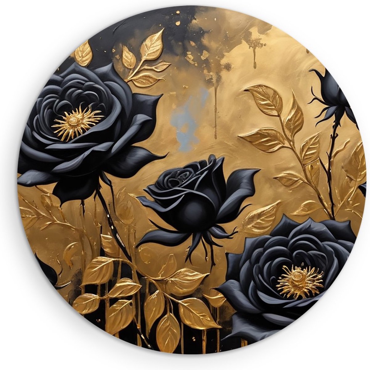 Saammp Forex Muurcirkel - Bloemen - Zwart - goud - Abstract - Ø 90 - Wandcirkel - Wanddecoratie Cirkel - Muurdecoratie Woonkamer - Kantoor Decoratie