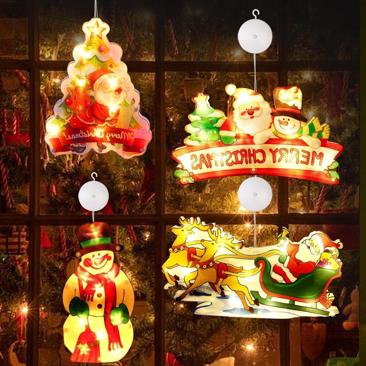 LED zuignap kerstverlichting - 4 stuks hangend raamlicht voor binnen en buiten - kerst decoratie met LED verlichting .