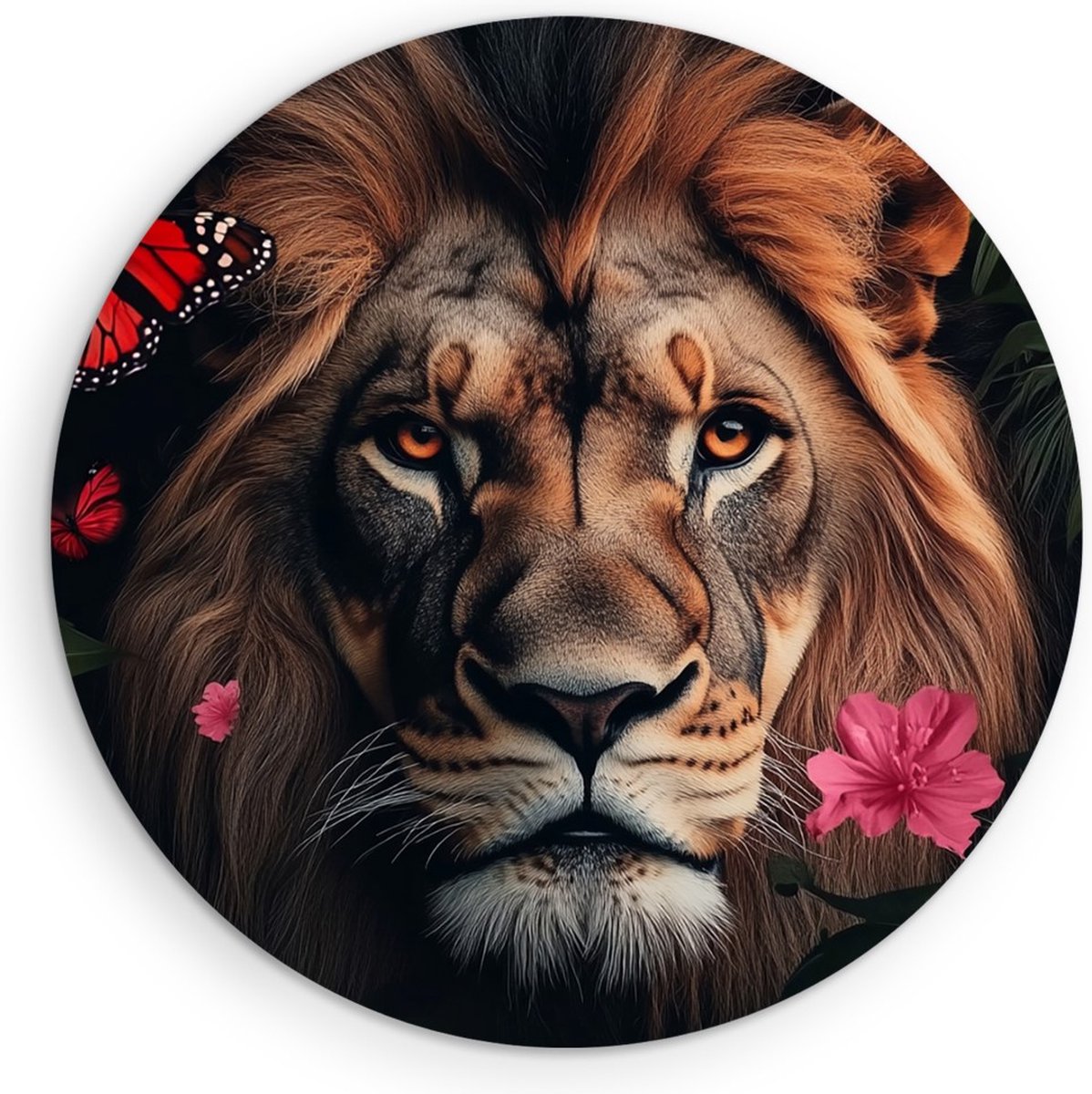 Saammp Forex Muurcirkel - Leeuw tussen vlinders en bloemen - Dieren - Natuur - Ø 60 - Wandcirkel - Wanddecoratie Cirkel - Muurdecoratie Woonkamer - Slaapkamer decoratie - Rond Schilderij
