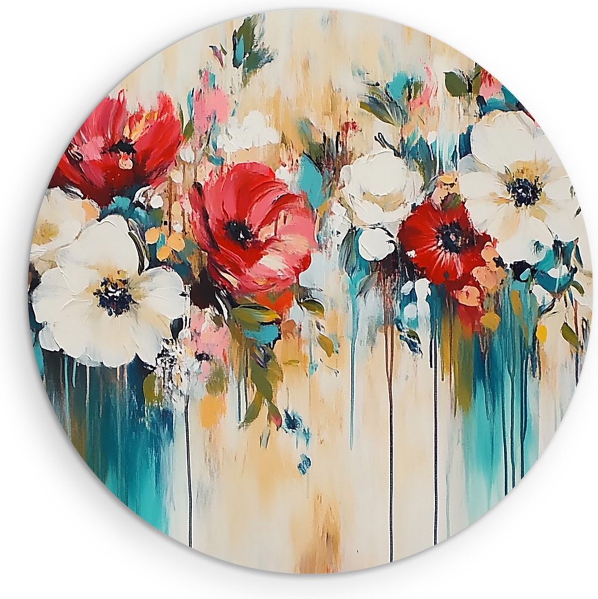 Saammp Forex Muurcirkel - Bloemen met lekkend verf- Abstract kunstwerk - Ø 60 - Wandcirkel - Wanddecoratie Cirkel - Muurdecoratie Woonkamer - Slaapkamer decoratie - Rond Schilderij