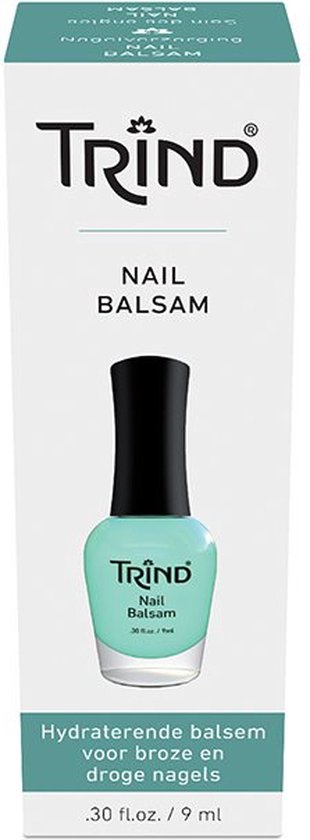 Trind Nail Balsam: lichtblauwe fles met zwarte dop en groene doos. "Hydraterende balsem voor broze en droge nagels"