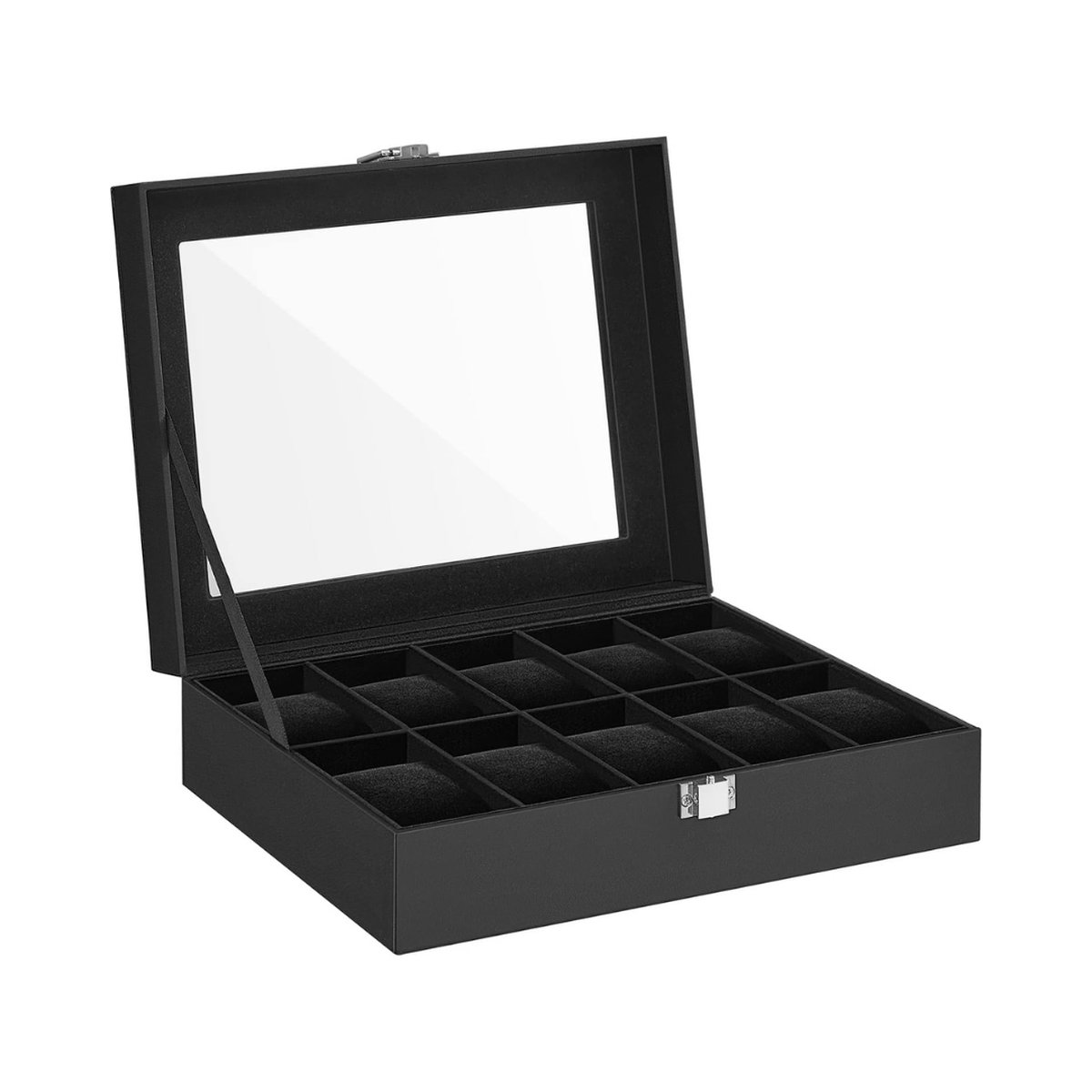 Horlogebox met 10 vakken, horlogebox met glazen deksel, horlogekast met afneembaar horlogekussen, metalen sluiting, cadeau-idee, PU-hoes in zwart, zwarte binnenvoering