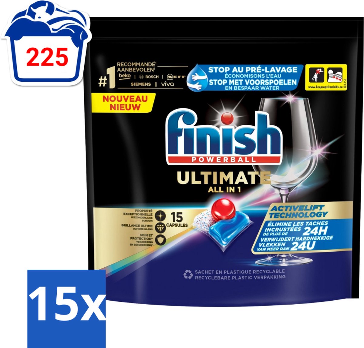 15 x Finish Powerball - Ultimate All in 1 - Vaatwastabletten - Activelift - 15 Capsules - Vaatwastabletten - Activelift - Reiniging - Glans - Vaatwassen