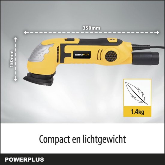 Gele en zwarte Powerplus deltaschuurmachine, 350mm lang, 150mm hoog, 1.4kg. Compact en lichtgewicht.
