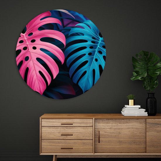 Saammp Muurcirkel Hout - Roze Blauwe Bladeren - Landschap - Natuur - Ø 80 - Wandcirkel - Wanddecoratie Cirkel - Muurdecoratie Woonkamer - Slaapkamer decoratie - Rond Schilderij