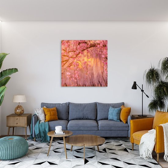 Saammp Canvas Schilderij - Roze bloesem met zonsondergang - Natuur - Landschap - 30x30 - Foto op canvas - Wanddecoratie - Muurdecoratie Woonkamer - Slaapkamer decoratie - Canvas Print