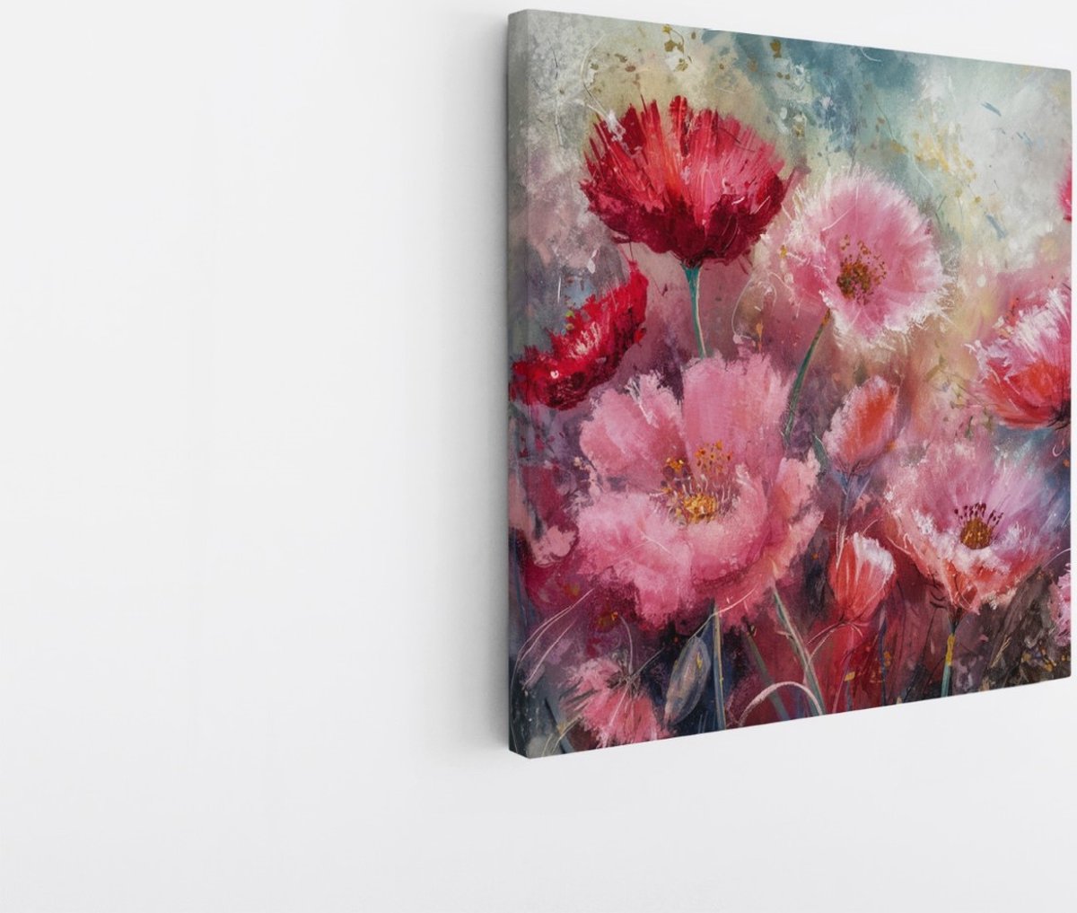 Saammp Canvas Schilderij - Roze met rode bloemen - Abstract - 100x100 - Foto op canvas - Wanddecoratie - Muurdecoratie Woonkamer - Kantoor Decoratie Multicolor