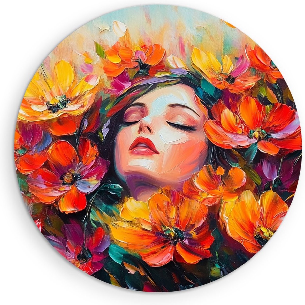 Saammp Forex Muurcirkel - Oranje Roze Gekleurde Bloemen - Kleurrijk - Natuur - Abstract - Ø 30 - Wandcirkel - Wanddecoratie Cirkel - Muurdecoratie Woonkamer - Kantoor Decoratie