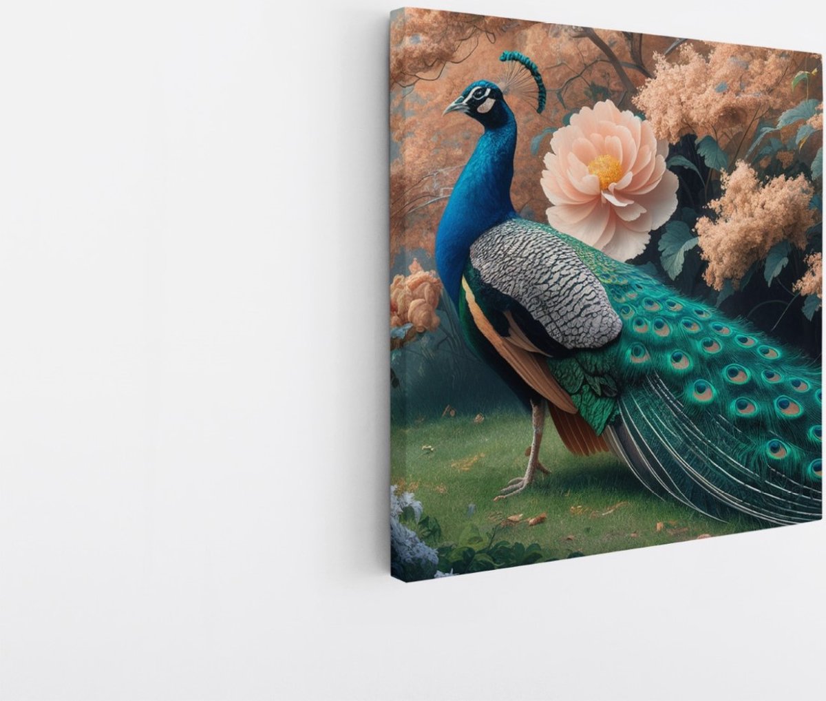 Saammp Canvas Schilderij - Pauw met Lotusbloem - Dieren - Natuur - 60x60 - Foto op canvas - Wanddecoratie - muurdecoratie Woonkamer - Slaapkamer decoratie - Canvas Print Multicolor