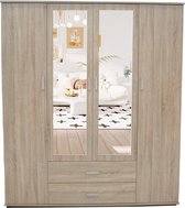 Interiax Kledingkast 'Lena' – 4 Deuren, 2 Lades, 1 Hanger, 2 Spiegels & 7 Legplanken | Sonoma Eik | 185x160x52cm