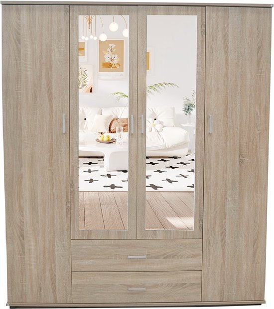 Interiax Kledingkast 'Lena' – 4 Deuren, 2 Lades, 1 Hanger, 2 Spiegels & 7 Legplanken | Sonoma Eik | 185x160x52cm