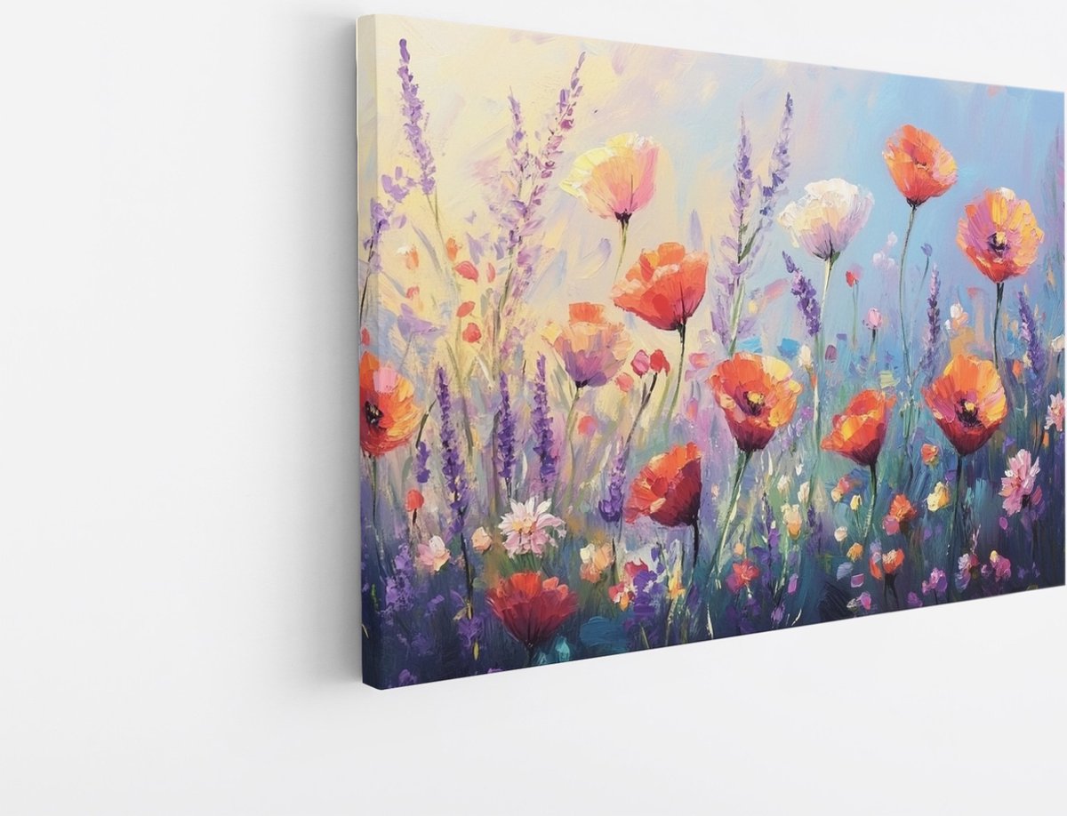 Saammp Canvas Schilderij - Kleurrijk Bloemenveld Abstract - Natuur - bloemen - 90x60 - Foto op canvas - Wanddecoratie - Muurdecoratie Woonkamer - Kantoor Decoratie Multicolor
