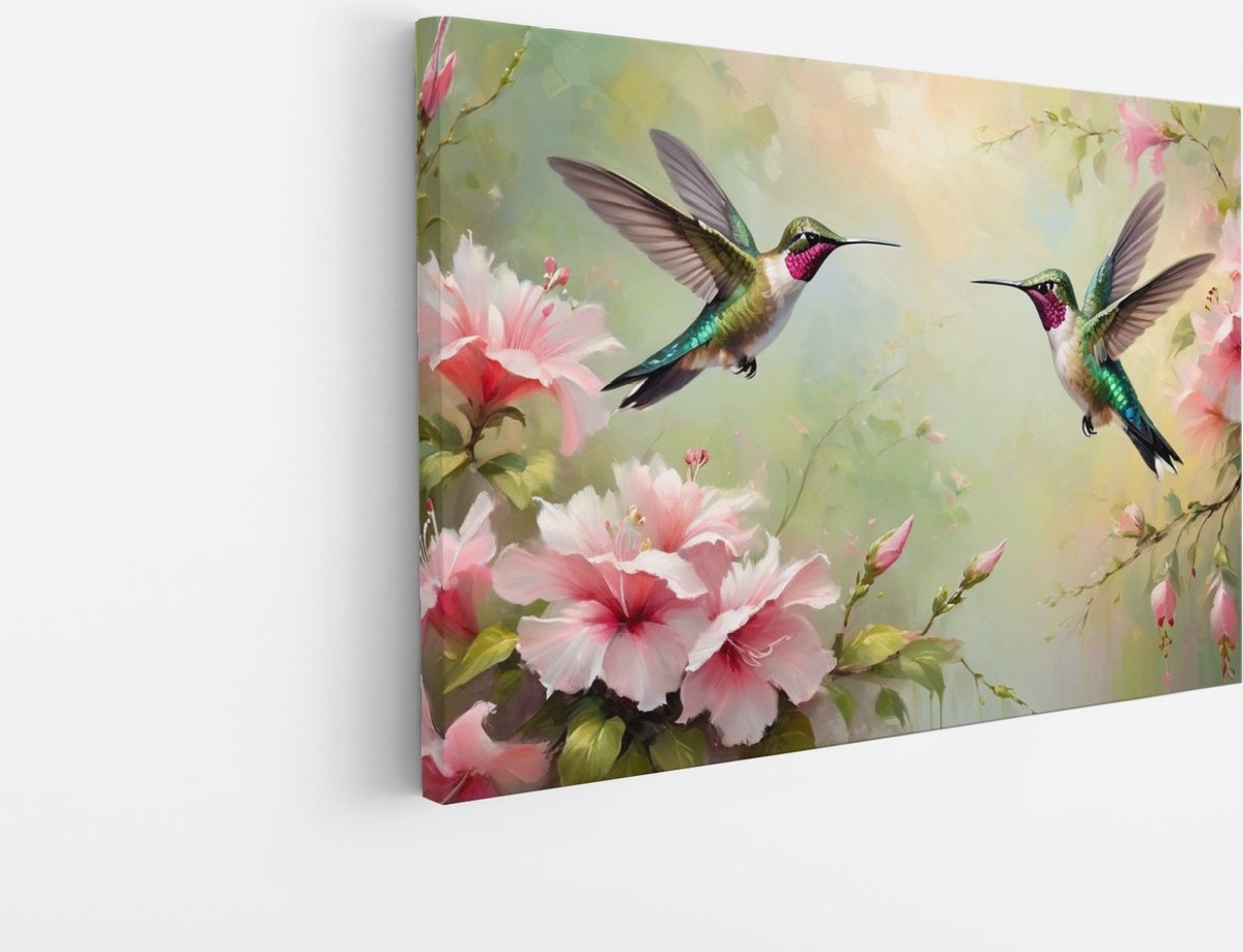 Saammp Canvas Schilderij - Abstracte Kolibries - Dieren - Bloemen - 150x100 - Foto op canvas - Wanddecoratie - muurdecoratie Woonkamer - Slaapkamer decoratie - Canvas Print Multicolor