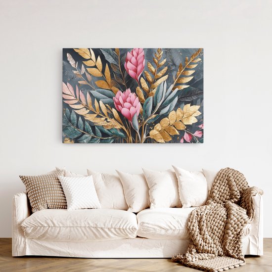 Saammp Canvas Schilderij - Grote roze bloemen en gouden bladeren - Modern - 100x75 - Foto op canvas - Wanddecoratie - Muurdecoratie Woonkamer - Kantoor Decoratie