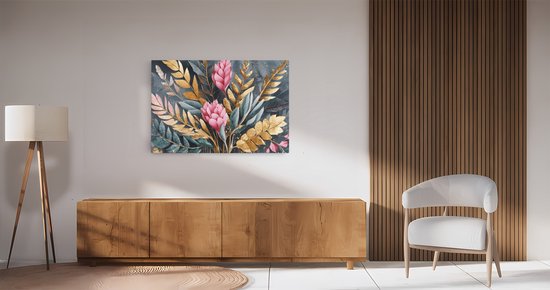 Saammp Canvas Schilderij - Grote roze bloemen en gouden bladeren - Modern - 100x75 - Foto op canvas - Wanddecoratie - Muurdecoratie Woonkamer - Kantoor Decoratie