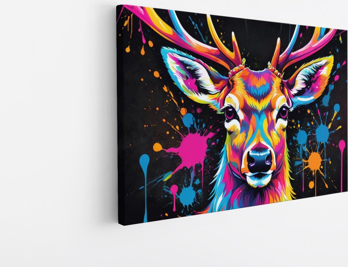 Saammp Canvas Schilderij - Abstract kleurrijk hert - Natuur - Dieren - 90x60 - Foto op canvas - Wanddecoratie - Muurdecoratie Woonkamer - Slaapkamer decoratie - Canvas Print Multicolor