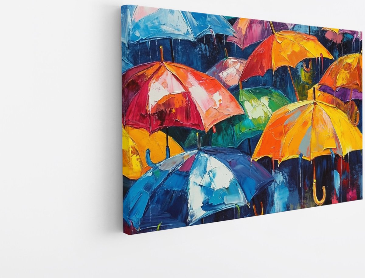 Saammp Canvas Schilderij - Kleurrijke Paraplu's in Regen - Vrolijk - Abstract - 30x20 - Foto op canvas - Wanddecoratie - Muurdecoratie Woonkamer - Kindvriendelijk Multicolor