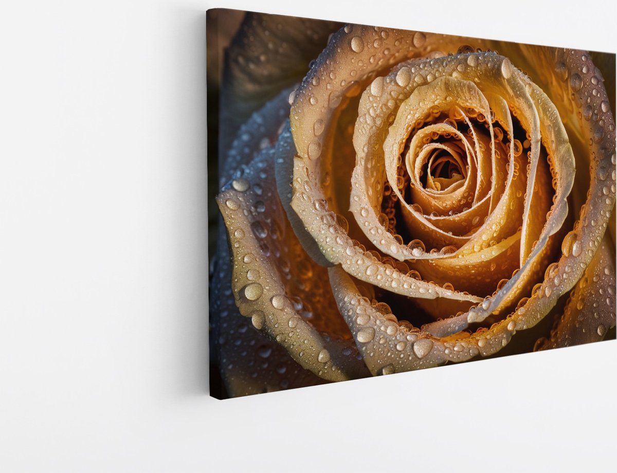 Saammp Canvas Schilderij - Gouden Roos Met Waterdruppels - Natuur - Abstract - 40x30 - Foto op canvas - Wanddecoratie - Muurdecoratie Woonkamer - Kantoor Decoratie Multicolor