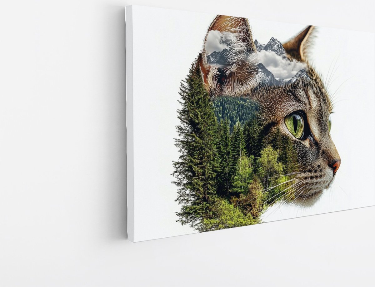 Saammp Canvas Schilderij - Kat met bos doorkijk - Natuur - Dieren - 60x40 - Foto op canvas - Wanddecoratie - Muurdecoratie Woonkamer - Slaapkamer decoratie - Canvas Print Multicolor
