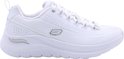 Zijaanzicht van een witte Skechers damessneaker met zilverkleurig 'S' logo op de zijkant.