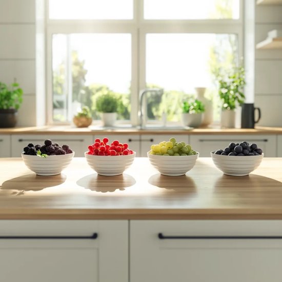 Vier witte schalen gevuld met bramen, rode bessen, groene druiven en blauwe bessen in een keuken.