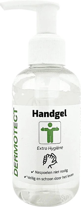 Dermotect Handgel Extra Hygiëne 150ml. Transparante gel met pompdispenser en groene opdruk.