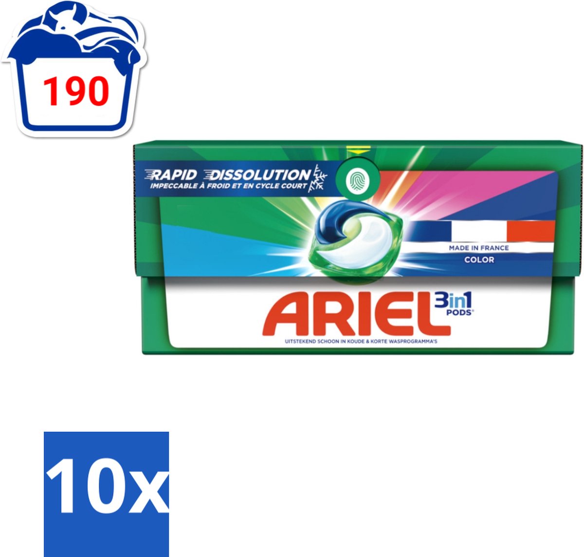 10 x Ariel Color - Wasmiddelcapsules - 3in1 Pods - Gekleurde Was - 19 Wasbeurten - Wasmiddelcapsules - Gekleurde Was - 3 In 1 - Wasbeurten - Vlekverwijdering