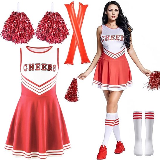 Cheerleader Kostuum - Rood - Pompons - Feestjurk - Carnaval - Accessoires