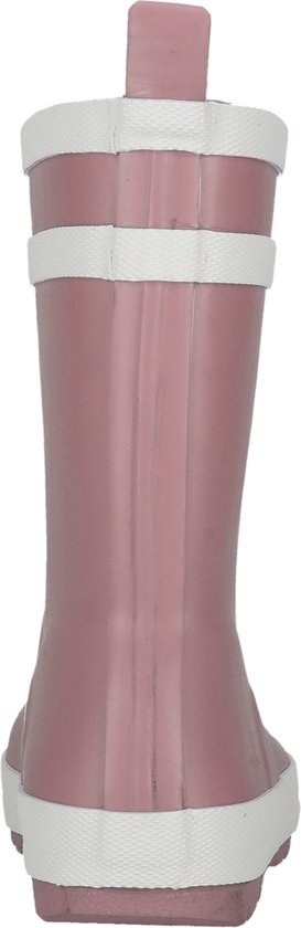 Achterkant roze regenlaars met witte randen en twee witte strepen.