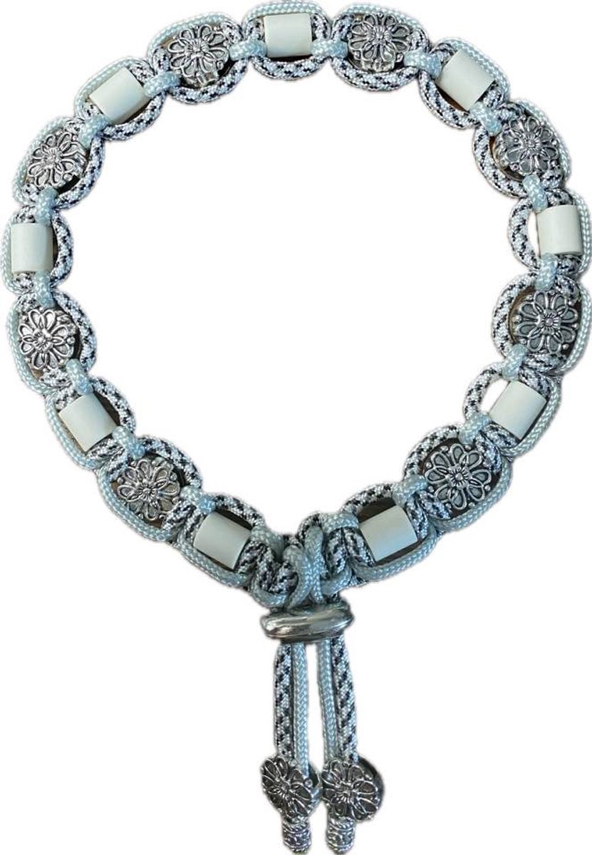 Anti-tekenband hond - Flower - lengte 40 cm - nekomvang vanaf 39 tot en met 44 cm - werkt ook tegen vlooien - originele EM-X kralen lichtgrijs - maat L - zilvergrijs/zwart - met metalen zilverkleurige schuifkralen - op=op