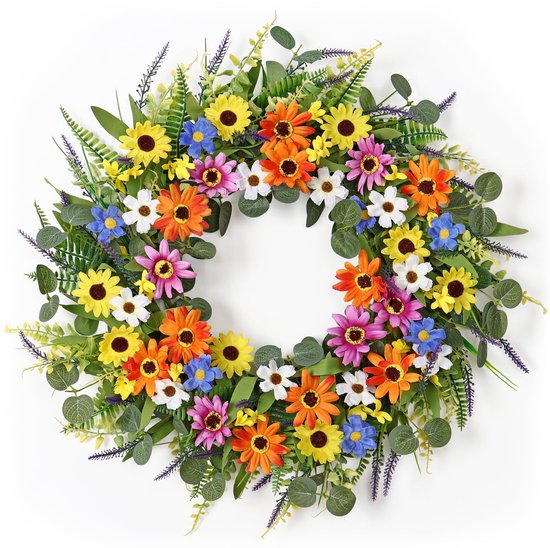 Eucalyptus deurkrans voor lente, buiten, kleurrijke madeliefenkrans, deurkrans voor het hele jaar, decoratie, kunstbloemen, slinger, raamdecoratie, tafelkrans, wandkrans, huisdeur, raam,