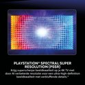 Abstracte weergave van een raster van gekleurde blokken, van rood en oranje naar blauw en paars, met een heldere lichtbron in het midden. PlayStation Spectral Super Resolution.