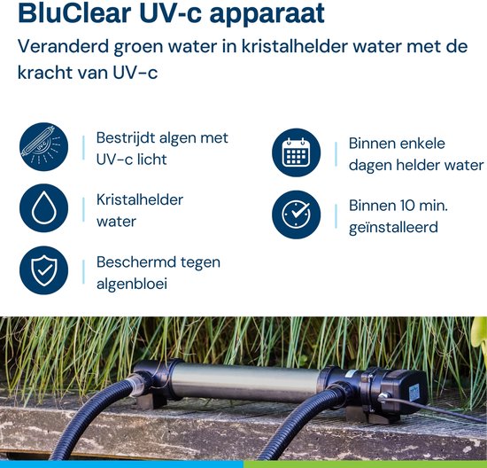 BluClear UV-c apparaat dat groene algen bestrijdt met UV-licht voor kristalhelder water, binnen 10 minuten geïnstalleerd.