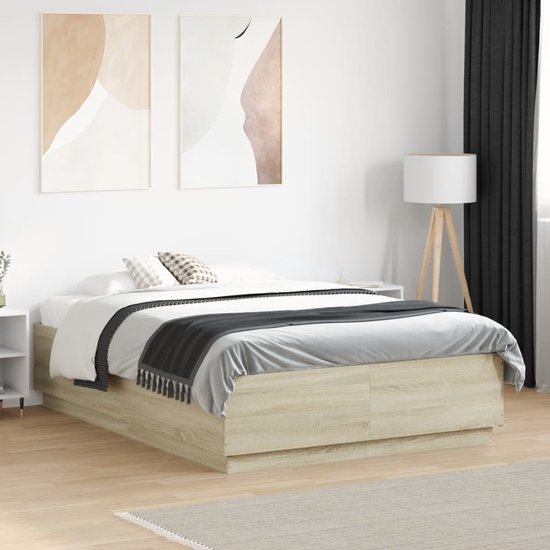 Bedframe met hoofdeinde en LED-licht betongrijs 180x200 cm