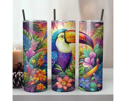 Creasowl® Roestvrijstalen Tumbler - Geïsoleerde beker - Koffiebeker - Thermosbeker - 600ml - Toekan beker - Warme en koude dranken - Anti lek dop - Vaatwasser bestendig - Ijzeren rietje - schoolbeker - To go beker - Kinderen - Volwassenen