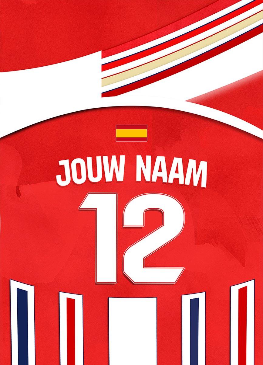 Atletico Madrid ingelijste poster met personalisatie - Met eigen naam en rugnummer - A2 formaat - 42x59.4 cm - Semi/ glossy papier - Voetbal shirt poster - Geïnspireerd op de kleuren van Atletico Madrid en een beetje fantasie