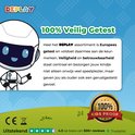 Robot icoon met tekst '100% Veilig Getest'. CE-markering en kindvriendelijk logo.