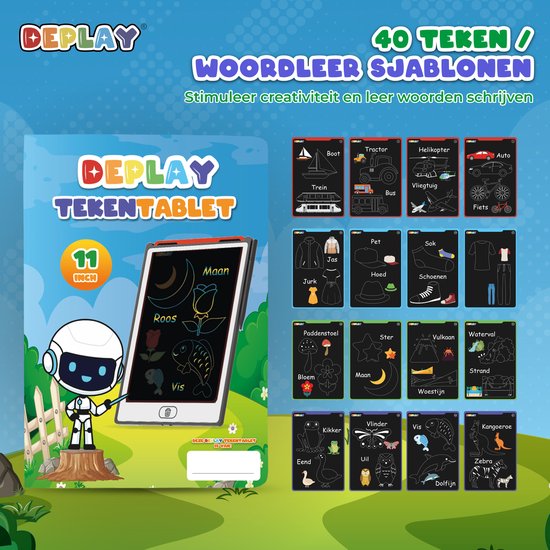 Deplay tekentablet toont 40 sjablonen. Afbeeldingen van voertuigen, kleding, dieren en landschappen.