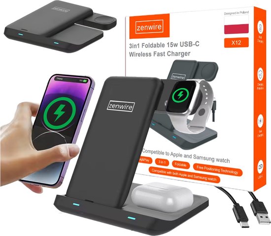 Zenwire X12 3-in-1 Draadloze Oplader (15W snellader USB-C) - Opvouwbaar - Wireless Fast Charger - Geschikt voor iPhone & Android Smartphones - Geschikt voor Smartphone Apple iPhone iWatch TWS Airpods Galaxy Buds Watch - Draadloos Qi Station