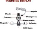 Zwarte survival fluit met kompas, vergrootglas, spiegel, thermometer, LED-licht en opbergvak.
