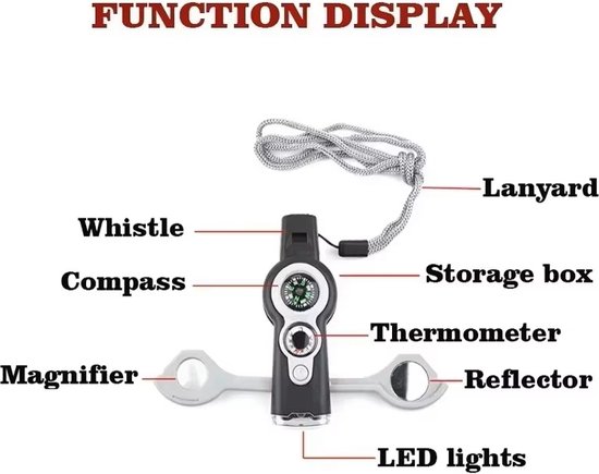 Zwarte survival fluit met kompas, vergrootglas, spiegel, thermometer, LED-licht en opbergvak.