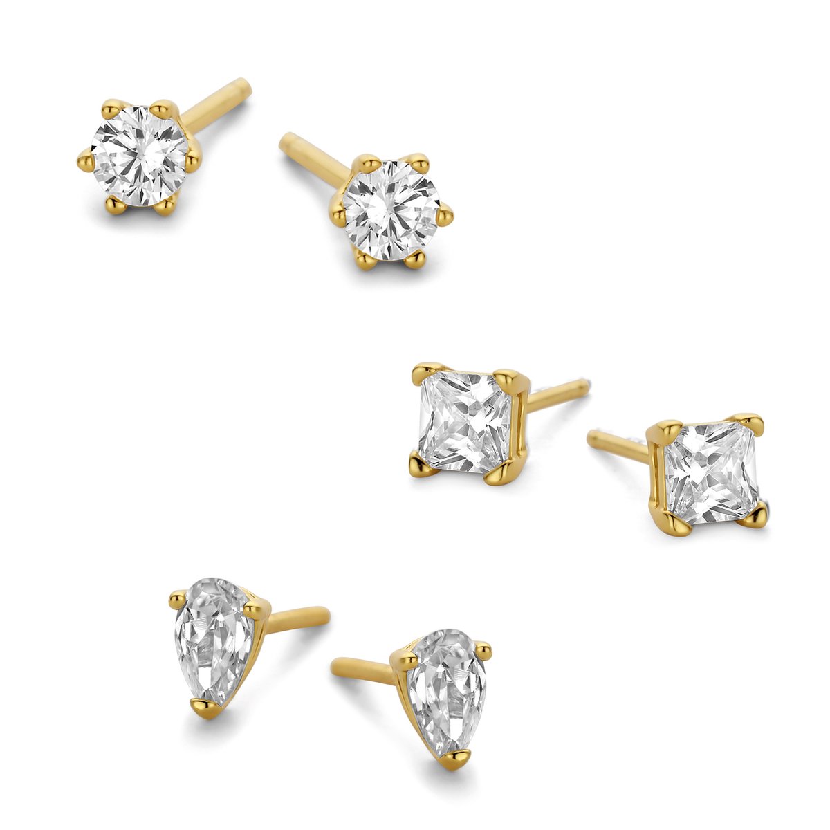 New Bling 9NB-SET033 Zilveren Oorknopjes Dames - Set - 3 Paar - Druppel - Ster - Hartje - Zirkonia - Goudkleurig