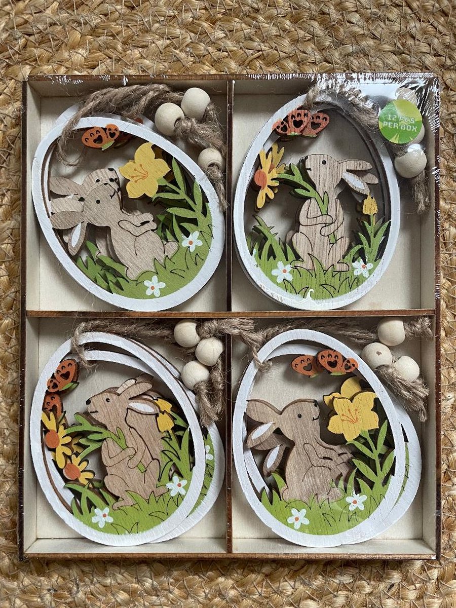 Schattige houten konijn / eieren figuren - Happy Easter - Paasdecoratie | Konijntjes hout - Hanger - Paashangers | | Decoratie kinderkamer - Versiering | Geboorte - Baby - Babyshower | Guirlande - Banner | Pasen - Paashaas - Haas | Set van 12 stuks!