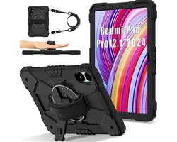 Hoes Geschikt voor Xiaomi Redmi Pad Pro / Poco Pad - Back Cover met Handriem - 360° Draaibare Kickstand Standaard - Beschermhoes Zwart