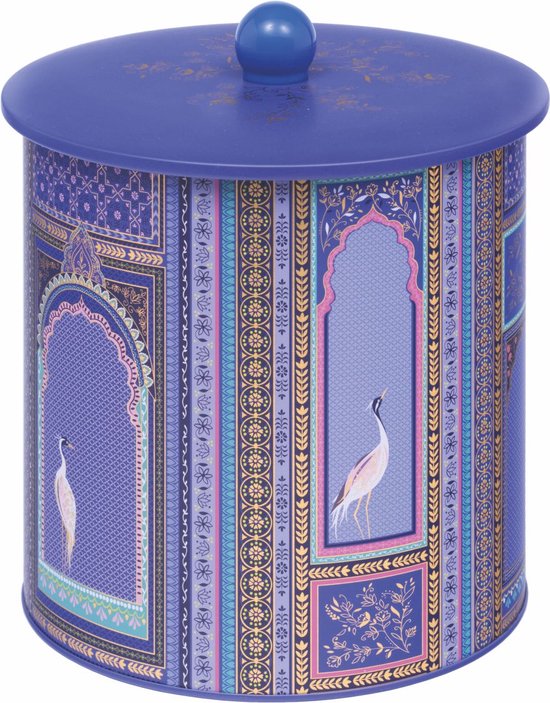 Boîte de conservation violette avec motifs dorés et bleus et une grue sur le couvercle.