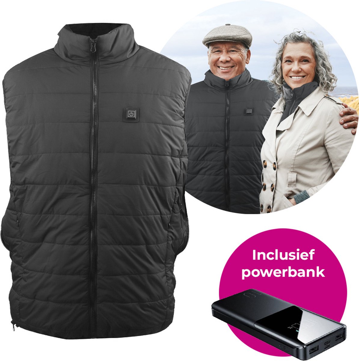 Vitadora Verwarmde Bodywarmer met Powerbank One Fits All Heren Zwart