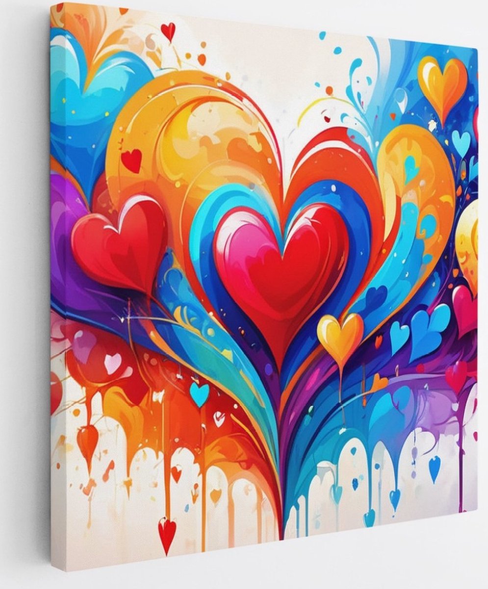 Saammp Canvas Schilderij - Harten patroon - Abstract - 100x100 - Foto op canvas - Wanddecoratie - Muurdecoratie Woonkamer - Slaapkamer decoratie - Canvas Print Multicolor